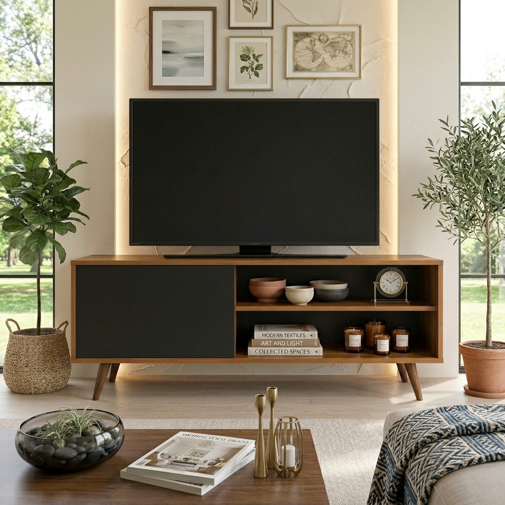 Rack para TV até 43 Polegadas com Pés Palito, Porta Organizadora e Prateleira Funcional para Sala de Estar
