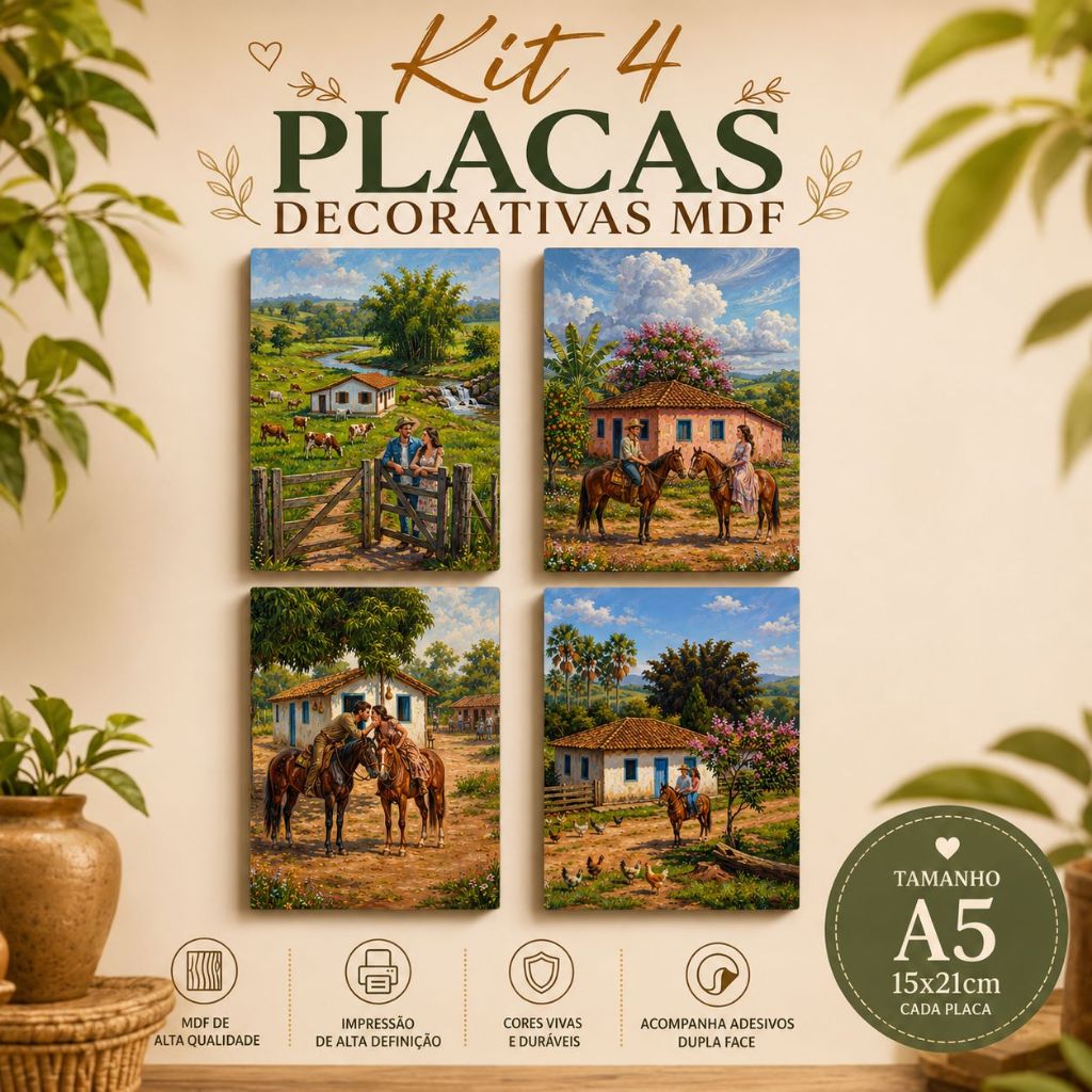 Kit 4 Quadros Placas Decorativas MDF A5 Fazenda Roça Sítio Paisagem Rústico Cantinho Do Café Cozinha