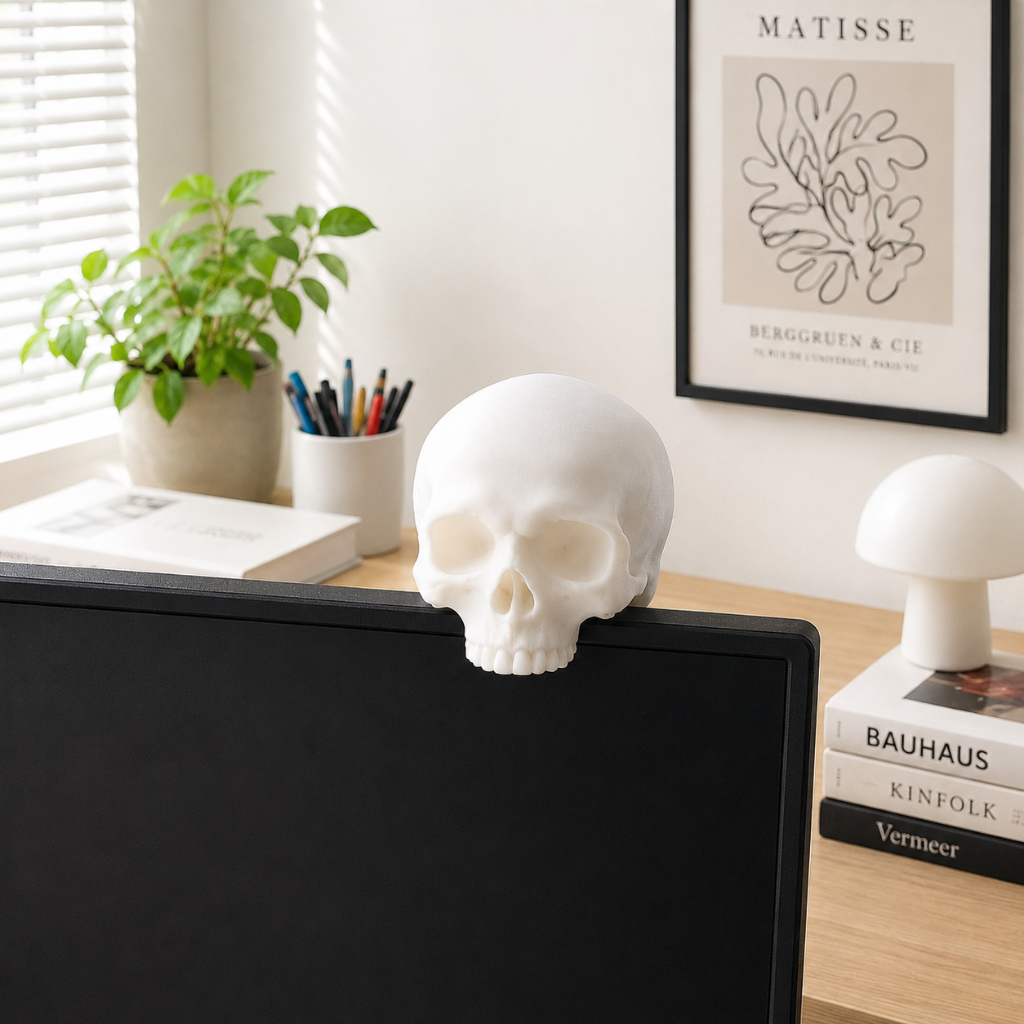 Crânio de Monitor | Suporte Decorativo Geek Realista para Tela | Decoração Setup Gamer