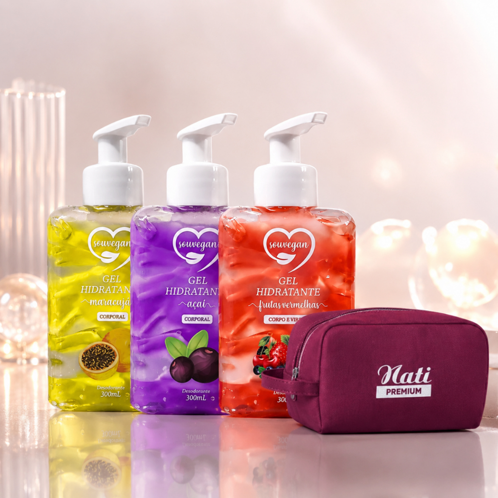 Kit 3 Gel Hidratante Corporal Sou Vegan 300ml Frutas Vermelhas Açaí Maracujá Hidratante + Necessaire