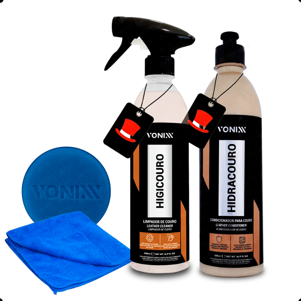 Kit Higicouro + Hidracouro Vonixx Limpeza e Hidratação Couro com Aplicador Azul e Toalha Microfibra