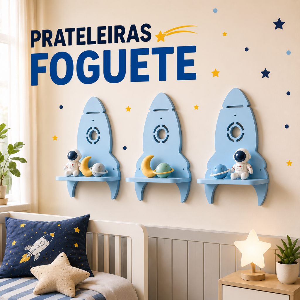 Trio Prateleira Foguete Infantil Quarto Bebê Decoração Astronauta MDF Nicho Parede