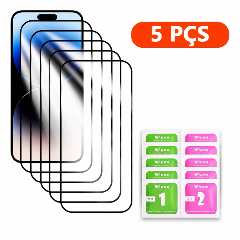 Kit 5 Películas de Vidro Temperado 3D para iPhone Todos os Modelos