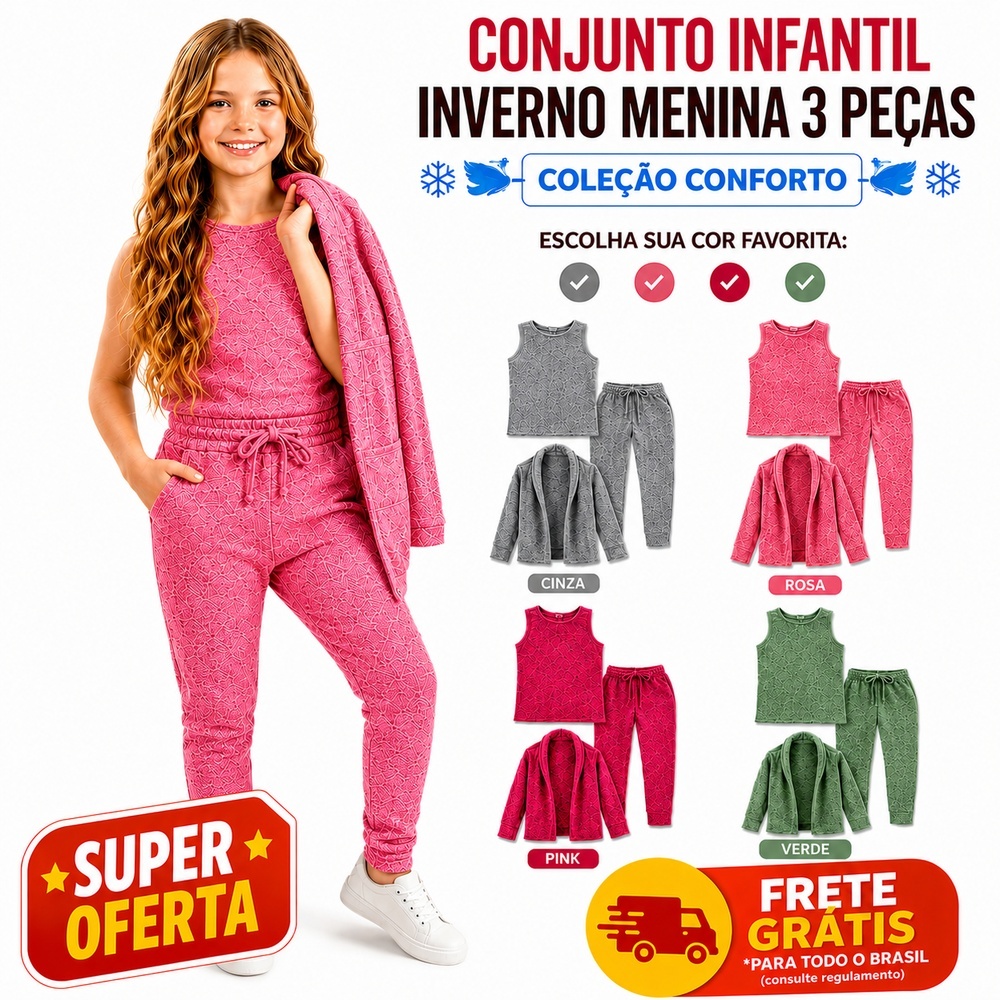 Conjunto Infantil Menina Inverno 3 Peças Casaco Blusa Calça Roupa Quentinha e Confortável