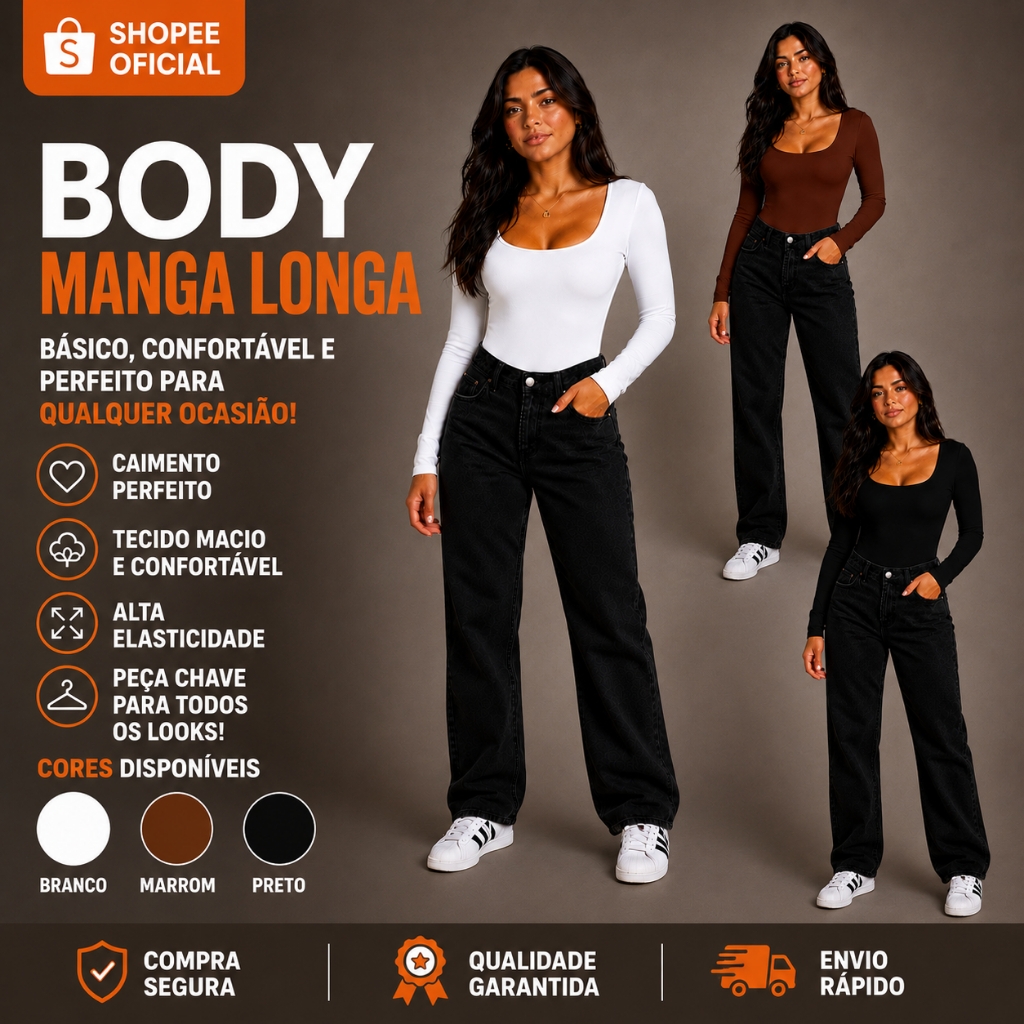 Body Feminino Manga  Longa Decote  Quadrado  Forrado Bori Suplex Premium  Blogueira Basico dia a dia
