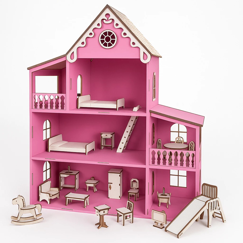 Casinha Boneca MDF 3 Andares Completa com Móveis Brinquedo Educativo Infantil Decoração Quarto Rosa Luxo