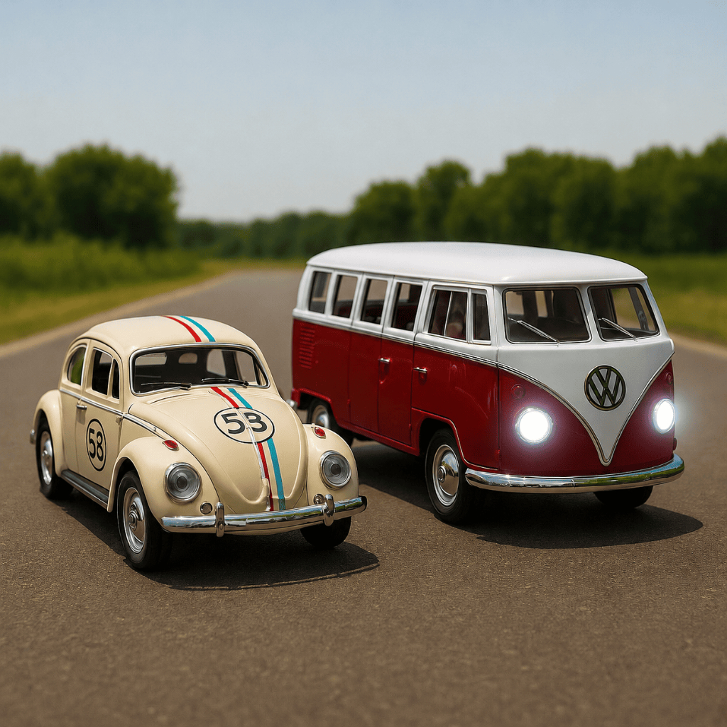 Carrinhos em Miniatura De Fusca e Kombi Metal Luz e Som com Fricção Clássicos VW | Portas que Abrem | Kit Colecionável