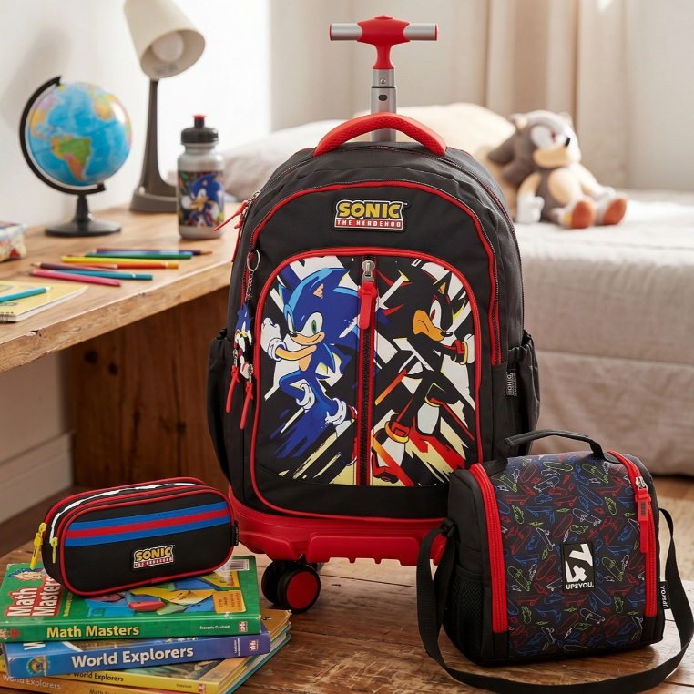 Kit Conjunto Escolar Juvenil Menino Sonic Gamer Mochila 2em1 Costas e Rodinha + Lancheira UP4YOU + Estojo Triplo