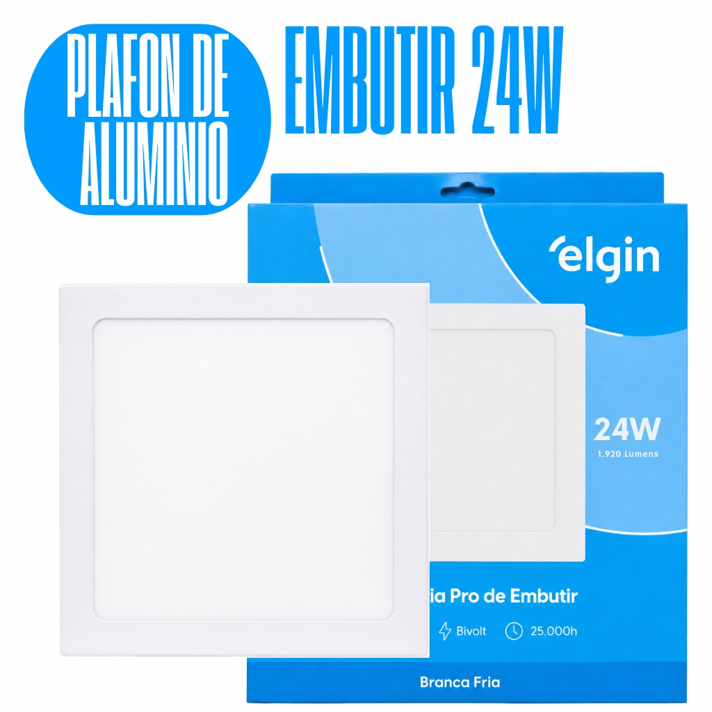Luminária Painel Plafon Pro Slim ALUMINIO Embutir Quadrado Led 24w 29x29 6500k Bivolt - ELGIN
