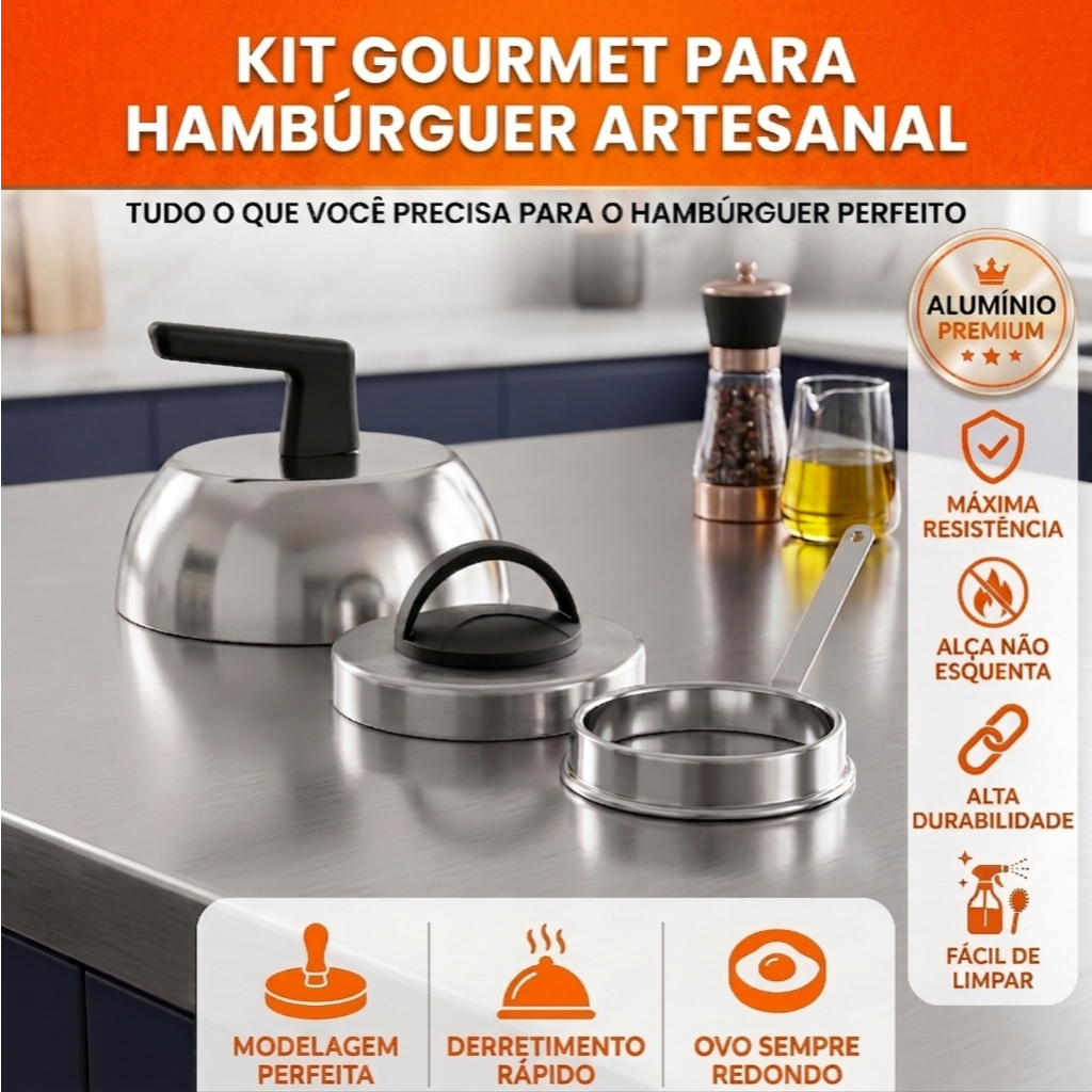 Kit Hamburgueria Gourmet Profissional Abafador + Modelador de Hambúrguer + Aro Modelador de Ovo