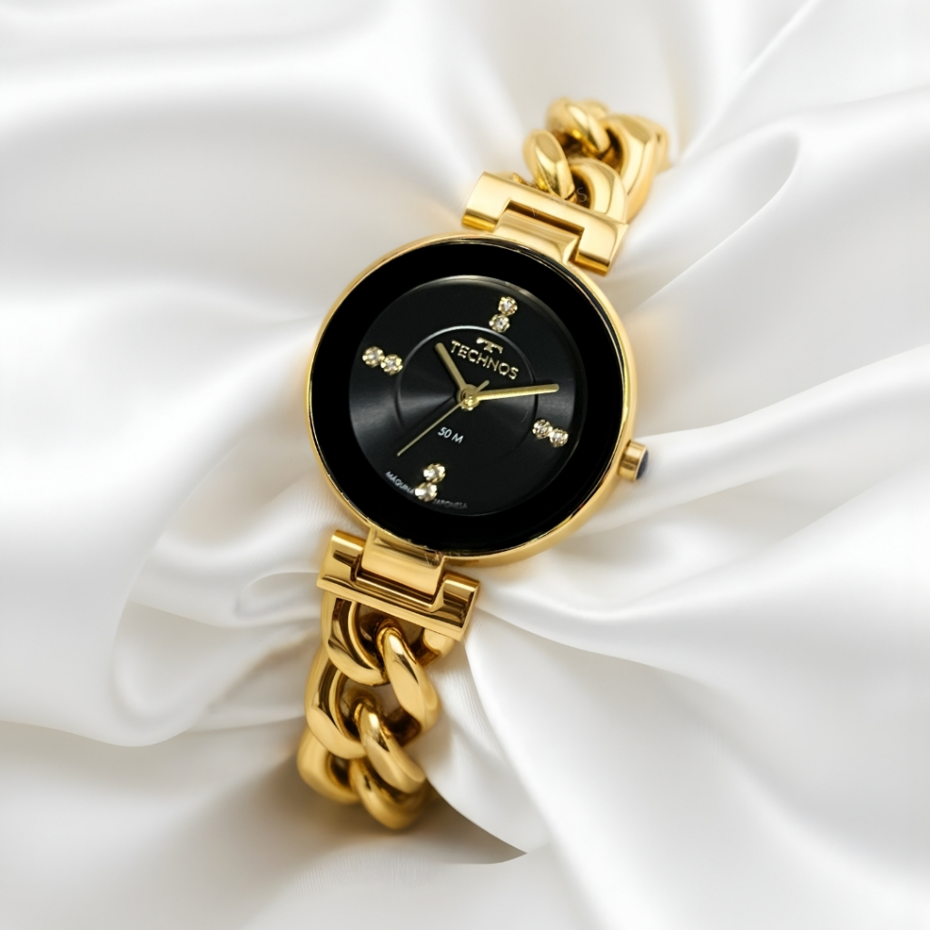 Relógio Technos Feminino De Pulso Pequeno Analógico Quartz Com Strass Dourado Em Aço Inoxidável Pulseira Elos Original