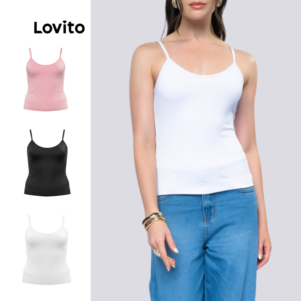 Lovito Kit 3 Regatas Feminina Alça Fina Casual Lisa BRTEB1310BRL1340