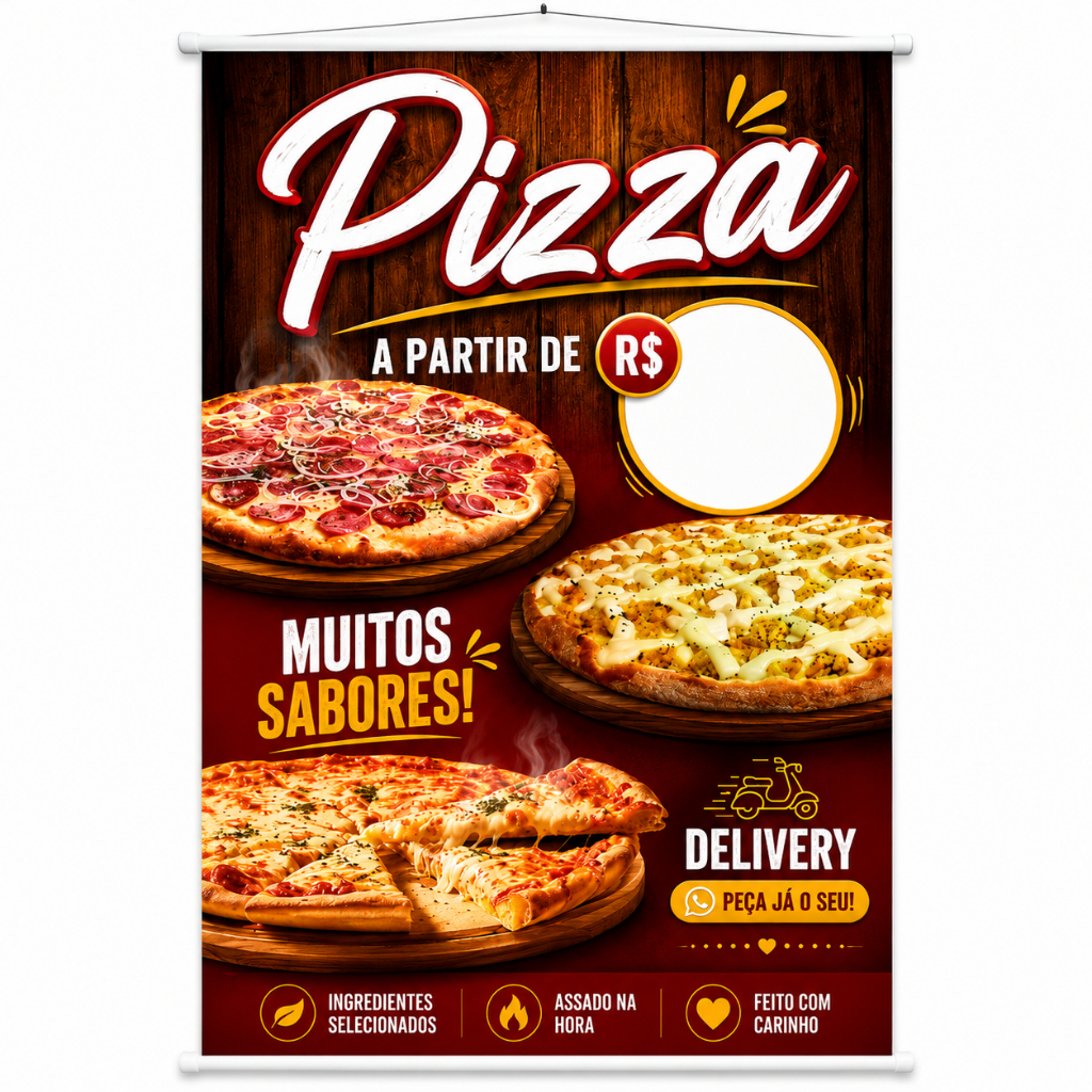 Banner Venda de Deliciosa Pizza vários sabores produzido em lona. Cartaz Propaganda Pizzaria Lanchonete