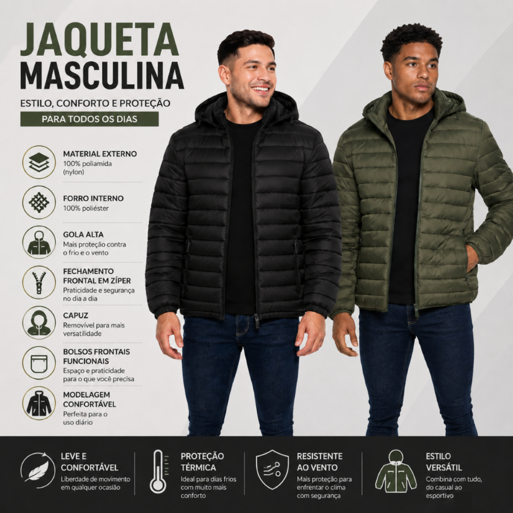 Jaqueta Masculina Bobojaco Puffer Capuz Zíper Forro Impermeável Broken Rules Nylon Várias Cores