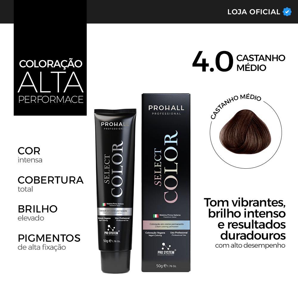 Coloração Profissional 4.0 Cabelo Castanho Médio Tinta Capilar Premium Prohall