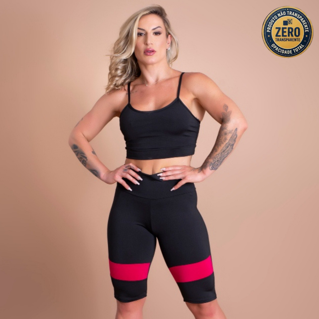 Conjunto Feminino Bermuda Com Detalhe Perna E Top Cropped Alcinha Treino Moda Academia ZERO TRANSPARÊNCIA