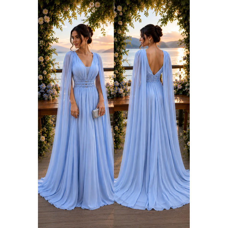 Vestido longo Madrinha de Casamento Festa Tule alças com Capa Azul Serenity Azul claro gg