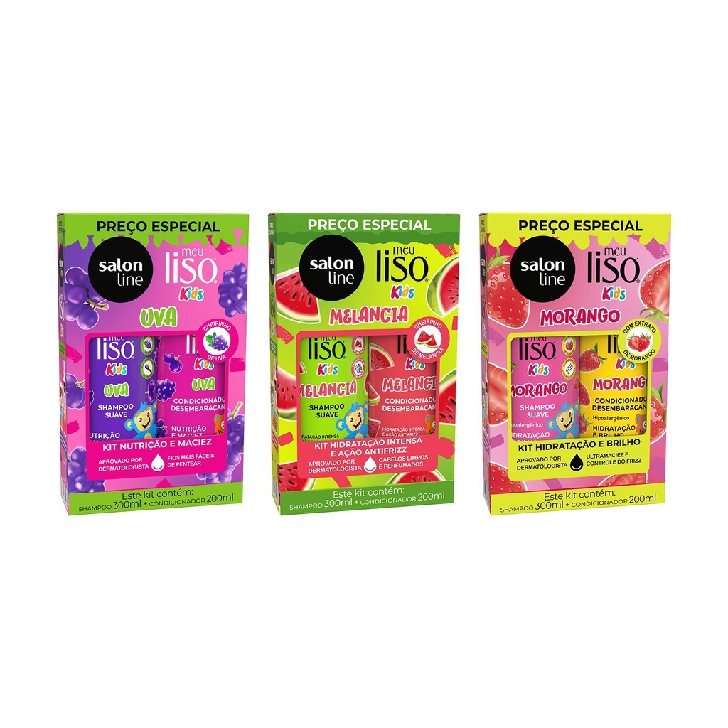 Combo com 3 Shampoo + Condicionador Meu Liso Kids Morango, Uva e Melancia