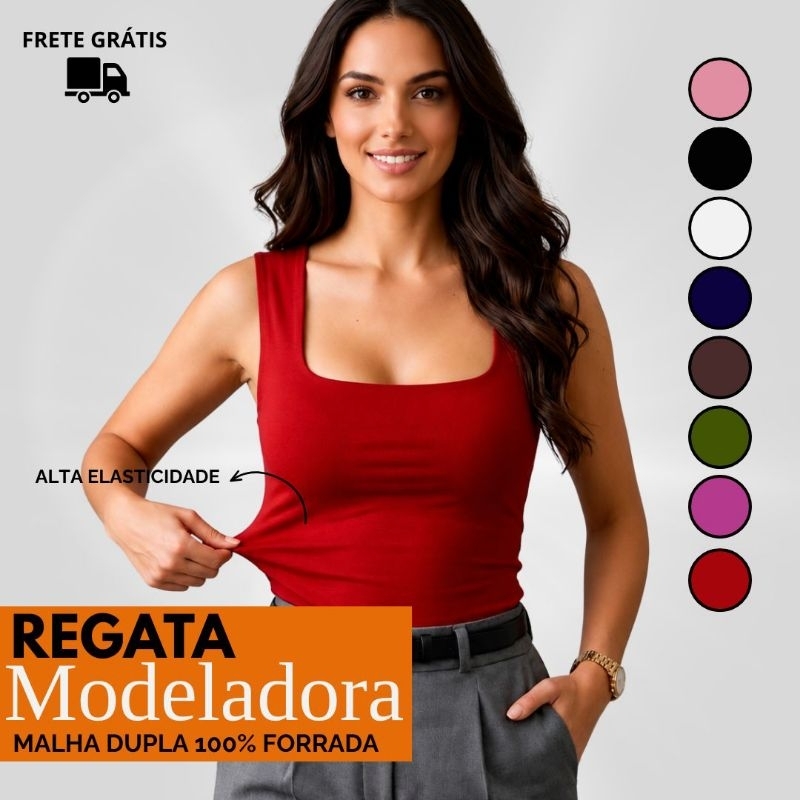 ​Blusa Regata Feminina Modeladora Malha Dupla Decote Quadrado - Zero Transparência Toda Forrada