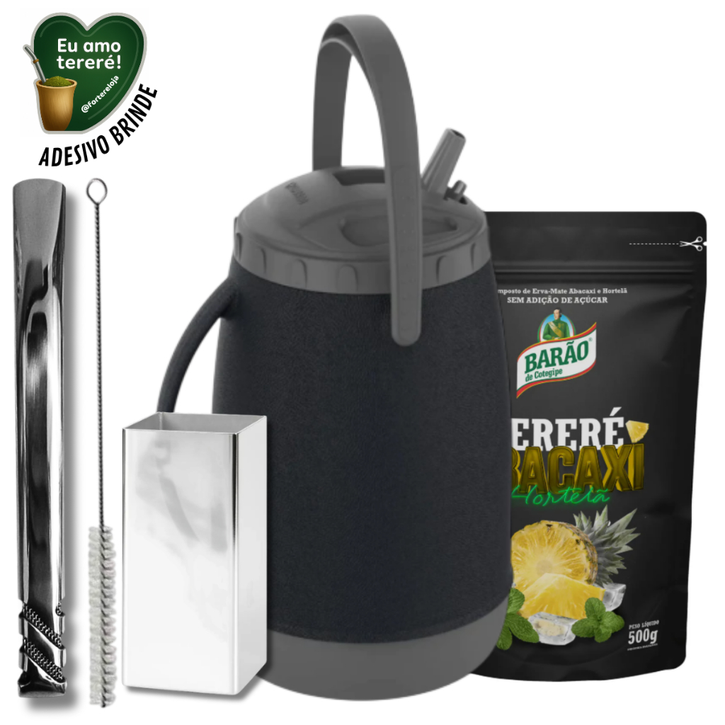KIT Tereré Barao Erva Mate 500g c/ Garrafa Lisa Preta Atacama + Bomba Tereré v6 Inox + Copo Quadrado Inox + BRINDES