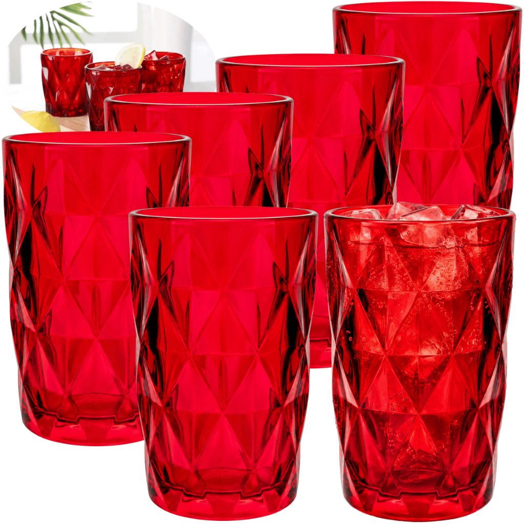 Jogo 6 Copos Diamond Vermelho 350ml Para Coquetéis Drinks Aguá Bar Refinado Mesa Charmosa Gourmet