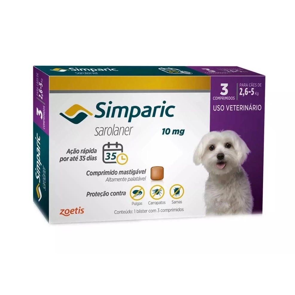 Simparic 10 mg 3 comprimidos Antipulgas e Carrapatos e Sarnas – Cães de 2,6 a 5 kg ZOETIS ORIGINAL