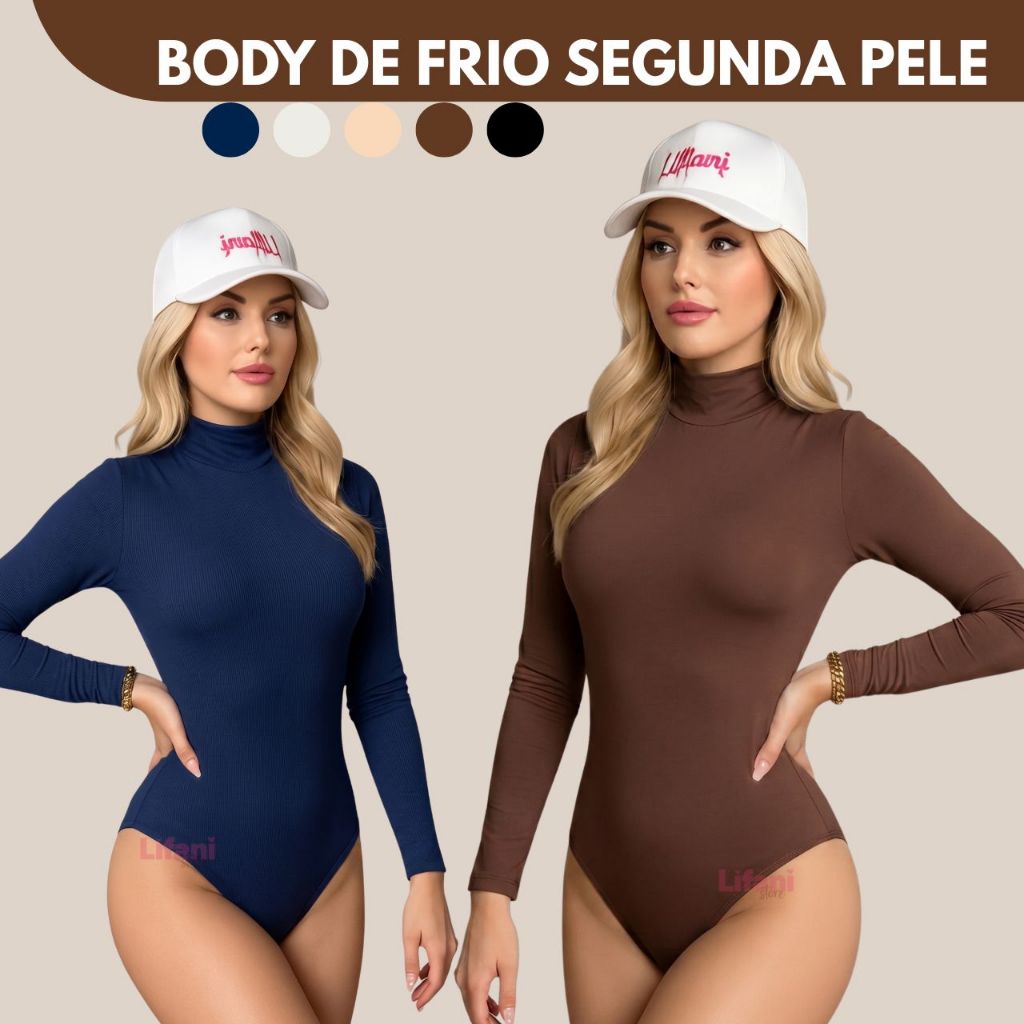 Body Gola Alta Feminino Básico Casual Cacharrel Manga Longa Segunda Pele Forro Duplo Suplex Inverno