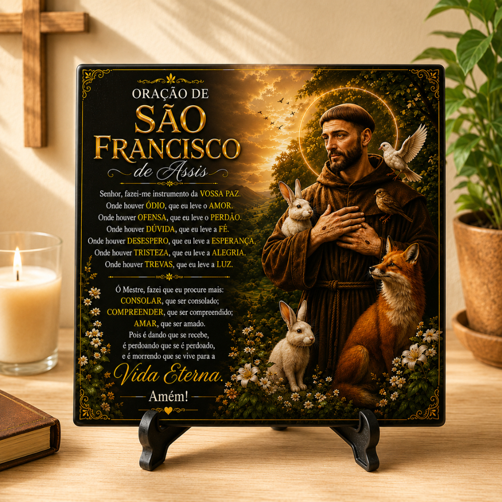Oração de São Francisco em Azulejo Decorativo Personalizado | Presente Religioso Católico para Casa e Cantinho da Oração