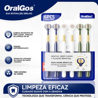 OralGos Escova Dental 3 Lados, Limpeza Profunda, Cerdas Macias, Para Gengivas Sensíveis