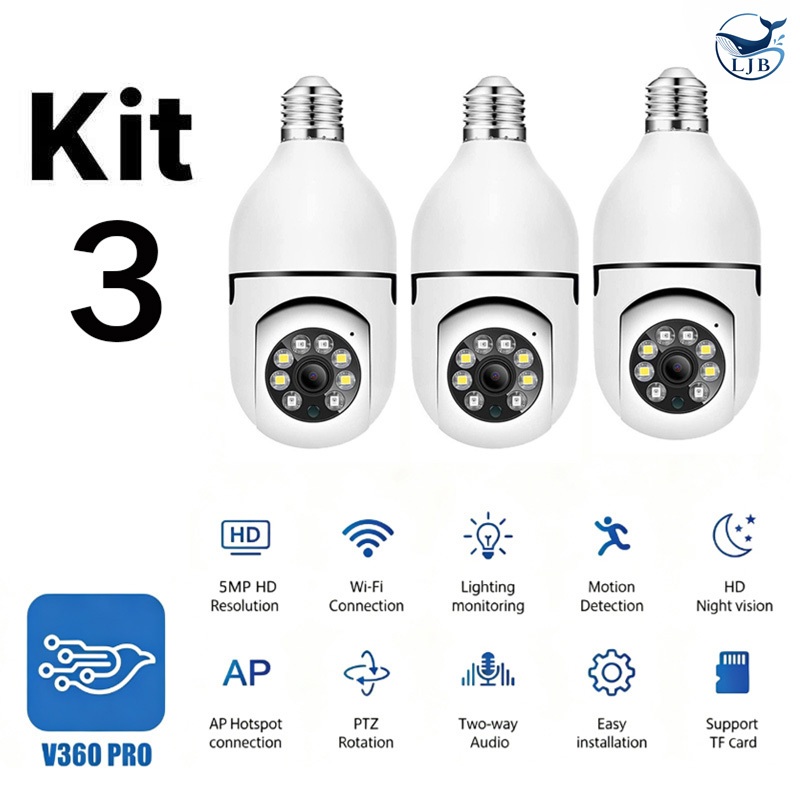 Kit 3 Câmera Segurança 360° Sem Fio Wifi Prova D'água Infravermelho Full HD Visão Noturna -8177