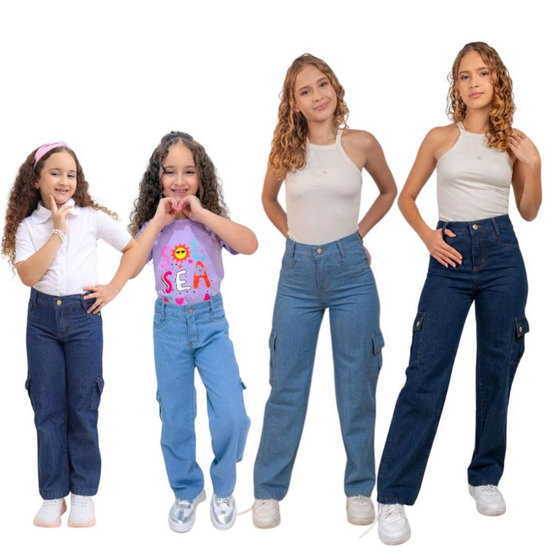 Calça Cargo bolso normal estilosa jeans 100% Ajuste interno com elastico infanto e juvenil