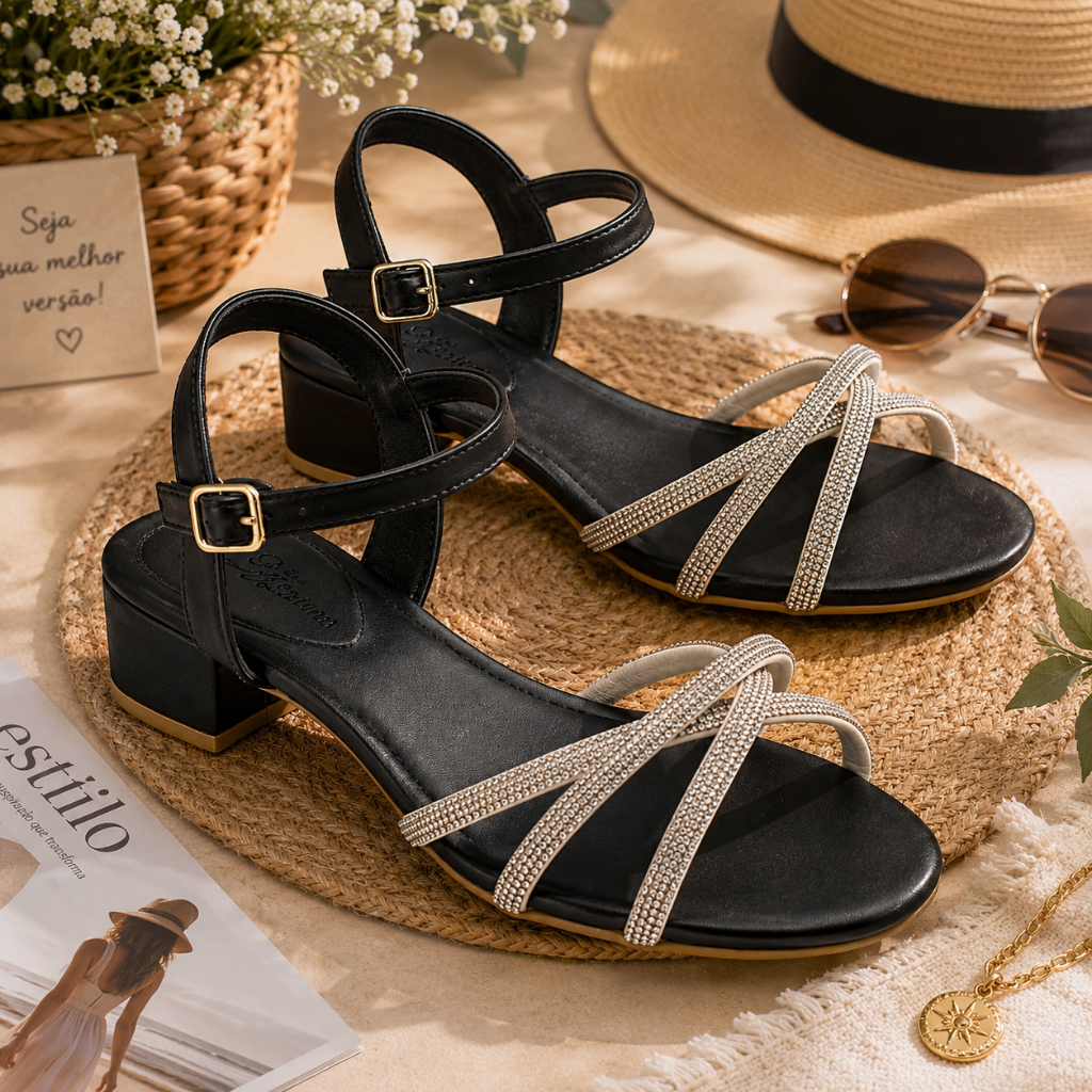 Sandália Feminina Saltinho Baixo Clássico Fivela Brilho Strass Confortável Luxo Promoção