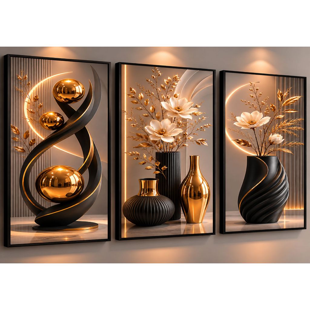 Kit De Quadros Decorativos 3 Peças Para Sala Quartos Vasos Pretos e Dourados Flores Modernas Delicadas