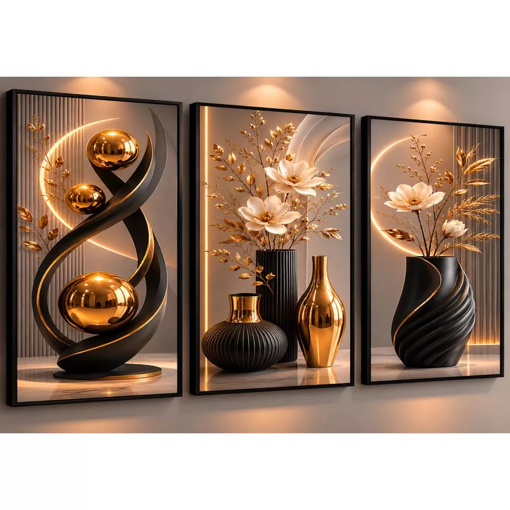 Kit De Quadros Decorativos 3 Peças Para Sala Quartos Vasos Pretos e Dourados Flores Modernas Delicadas (VP) — imagem 1
