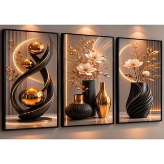 Kit De Quadros Decorativos 3 Peças Para Sala Quartos Vasos Pretos e Dourados Flores Moder…