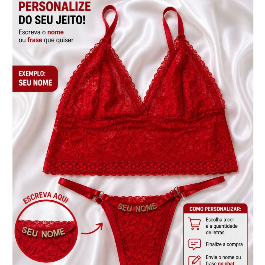 Conjunto Lingerie Personalizada Nome Frase Calcinha Sutiã Renda