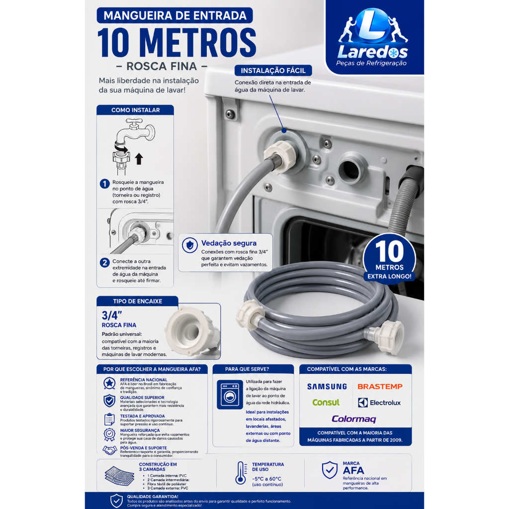 Detalhes do Mangueira Entrada de Água Maquina De Lavar Brastemp Electrolux Consul 10mts AFA