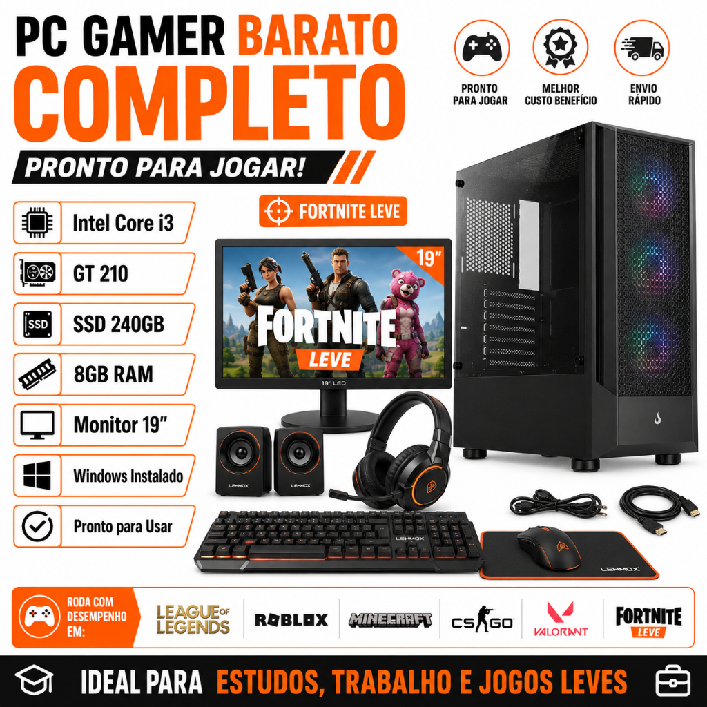 PC Gamer Barato Completo i3 GT 210 SSD 240GB Fortnite Leve Monitor 19 Windows