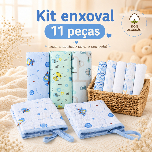 Kit Enxoval Bebê 11 Peças Cueiro Flanelado Babete Paninho de Boca 100% Algodão Recém Nascido Maternidade Menino Menina