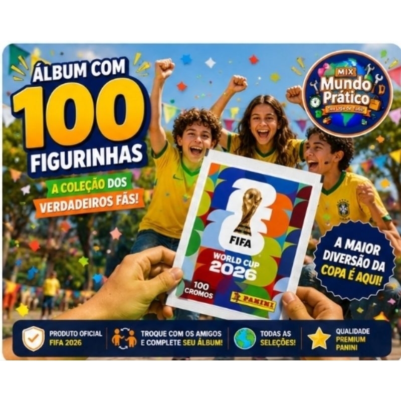 Álbum Copa do Mundo + 100 Envelopes de Figurinha FIFA 2026 - Livro Ilustrado Colecionável