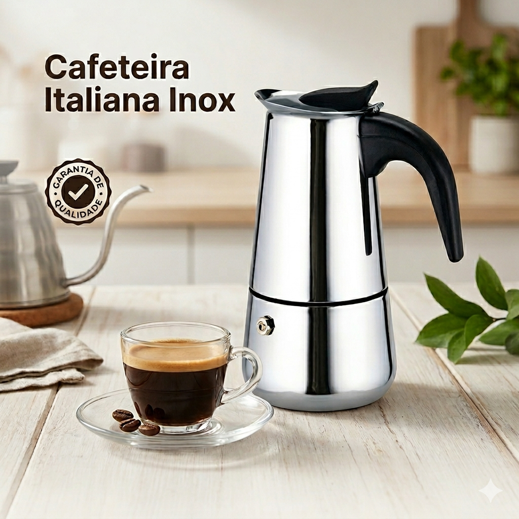 Cafeteira Italiana Inox Café Expresso Faz 9 Xícaras (450ml) ou 4 Xícaras (200ml)
