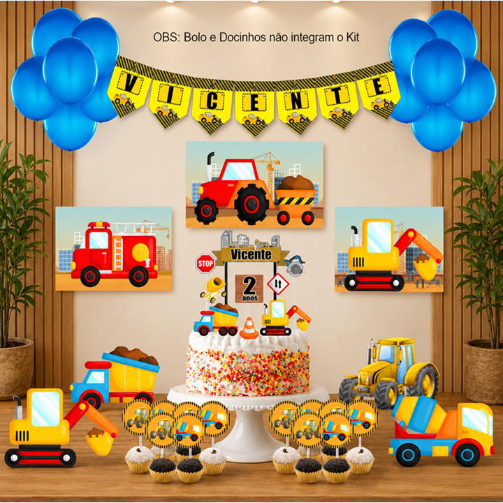 Kit festa em casa personalizado Trator e Caminhão 17 itens + 1 topo de bolo + bandeirolas