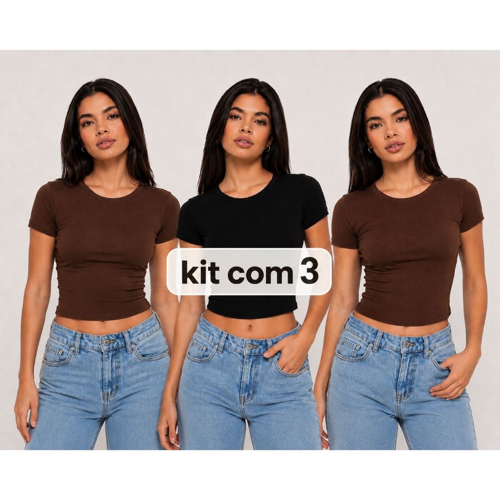Kit 3 Ou 2 Unidade Baby Tee Feminina Blusa Slim Fit Baby Look Manga Curta Blusa de Compressão Academia