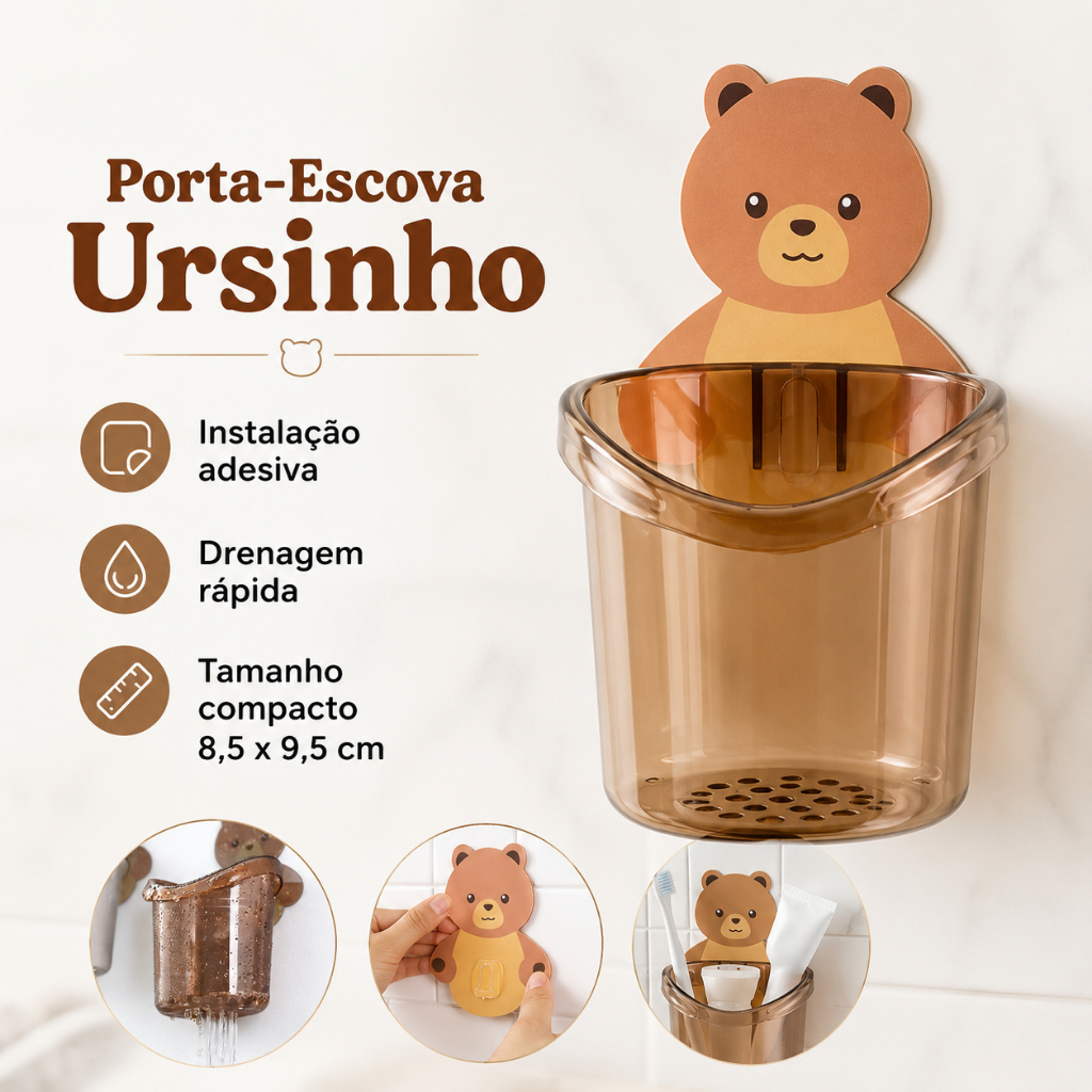Porta Escova de Dentes Adesivo com Urso, Kit 2 Unidades, com Drenagem de Água