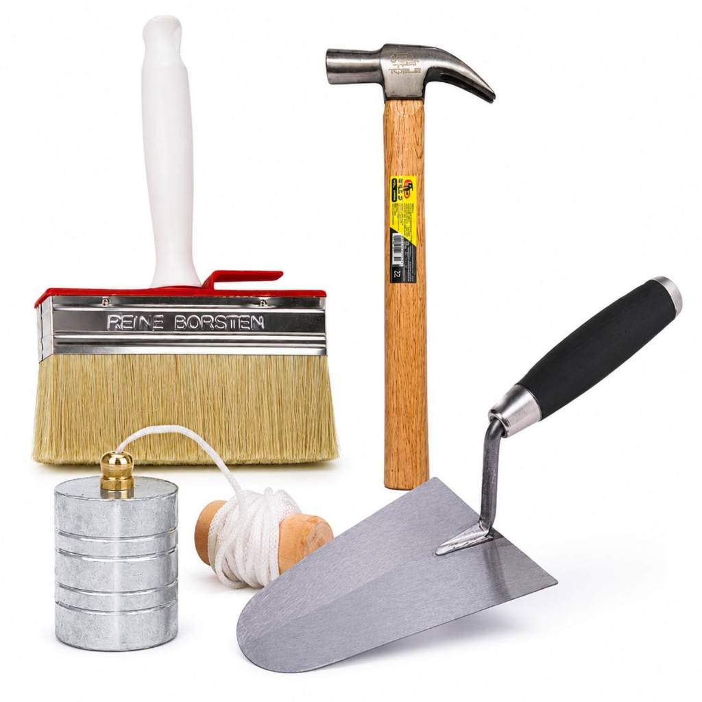 Kit Ferramentas Para Pedreiro Completo Prumo Colher 7" Martelo Broxa Construção Civil Obra e Reforma