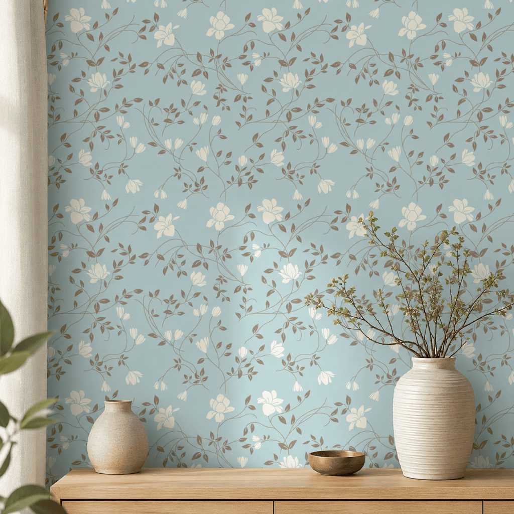 Papel de Parede Floral Azul Claro Adesivo Lavável Vinílico Premium Elegante para Sala Quarto