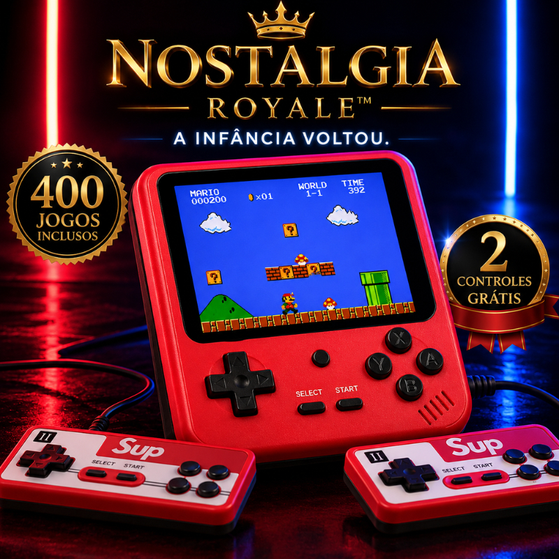 Nostalgia Royale™ Mini Vídeo Game Portátil Retrô 400 Jogos Clássicos + 2 Controles + Conecta na TV + Tela LCD Recarregáv