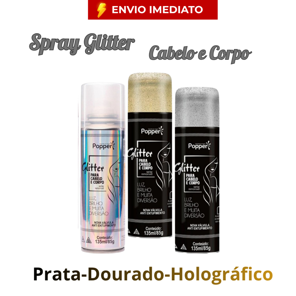 Kit 2 Spray De Glitter Cabelo Corpo e Roupa Popper 135ml Dourado Prata e Holográfico Profissional