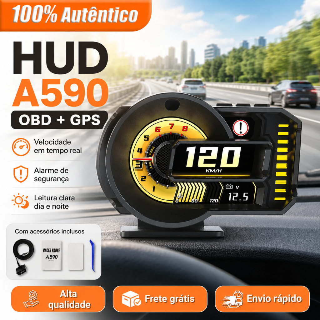 HUD Digital para Carro com OBD2 + GPS Medidor de Velocidade, Scanner OBD, Informações em Tempo Real  Compatível com A590