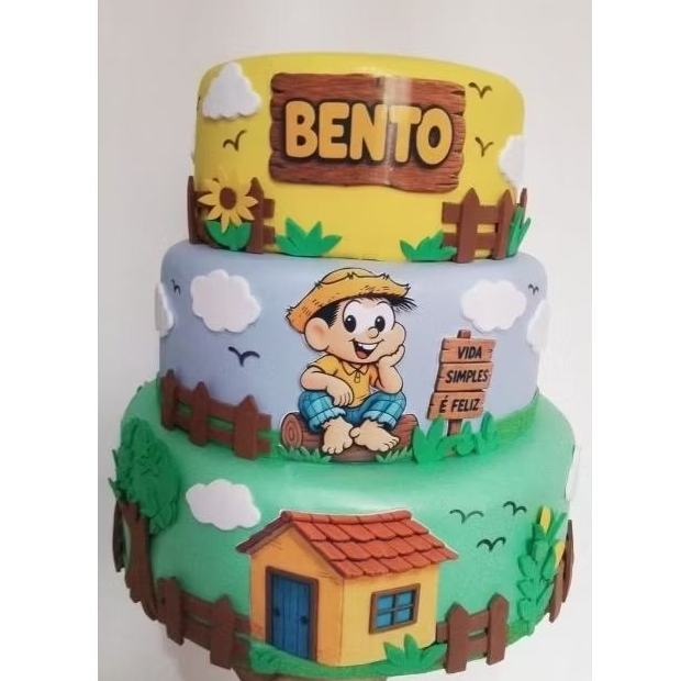Bolo Fake Chico Bento Fazendinha 3 Andares EVA Cenográfico Personalizado 30cm Luxo